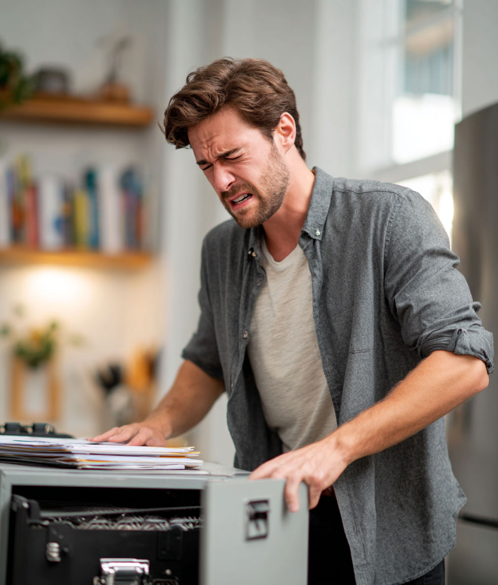 A frustrated man looking for lost paperwork